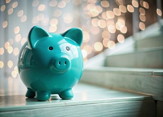 Teal Piggy Bank Savings Goal, Soft Teal Staircase Growth Chart Background, Bokeh Effect Stock Photo