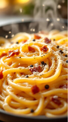 A close-up of creamy spaghetti carbonara with crispy bacon, grated cheese, and black pepper. generative ai
