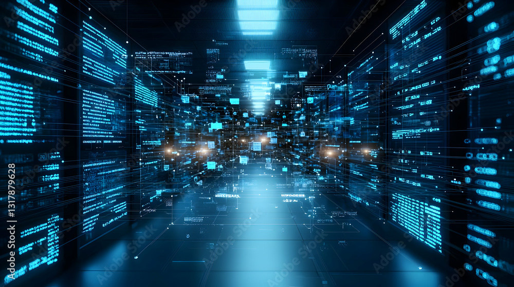 Poster futuristic dark server room with glowing blue data flow and digital information stream in cyberspace