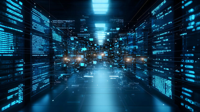 Futuristic Dark Server Room With Glowing Blue Data Flow and Digital Information Stream in Cyberspace