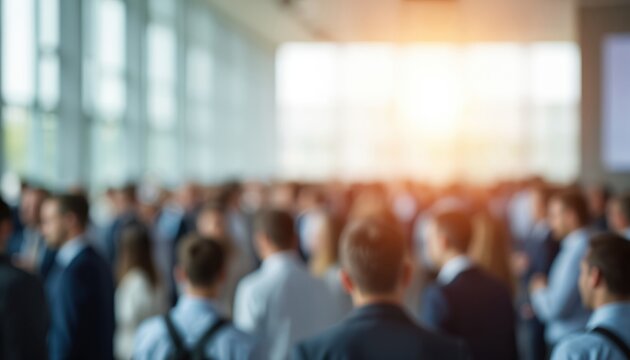 Blurred crowd at business networking event. Pro corporate gathering, interaction, social meeting. Conference with ambience and out of focus background. People network at sharpen session. - Powered by Adobe