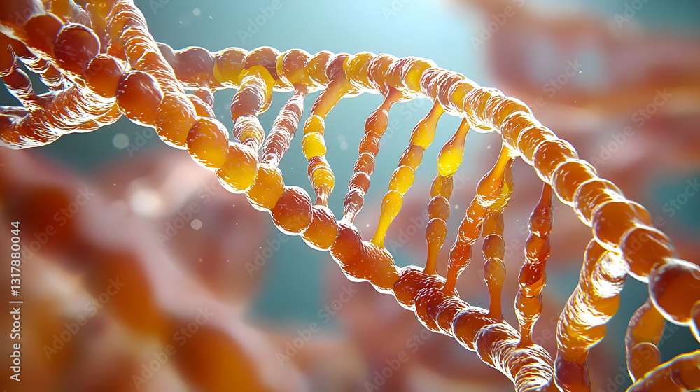 Poster detailed depiction of a glowing orange dna double helix structure on a blurred orange and teal micro