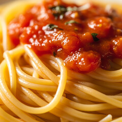 A close-up of  a  rich spaghetti marinara, glistening with seasoning, highlighting its vibrant red and golden textures. generative ai