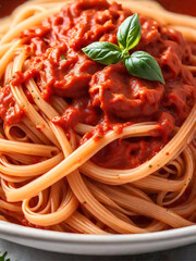 A close-up of  a  rich spaghetti marinara, glistening with seasoning, highlighting its vibrant red and golden textures. generative ai