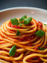 A close-up of  a  rich spaghetti marinara, glistening with seasoning, highlighting its vibrant red and golden textures. generative ai