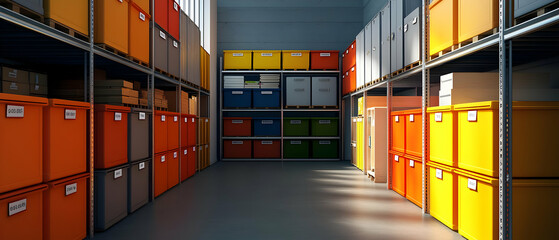 Fototapeta premium Warehouse Interior With Colorful Storage Bins Organized On Metal Shelves In A Modern Industrial Building With Sunlight