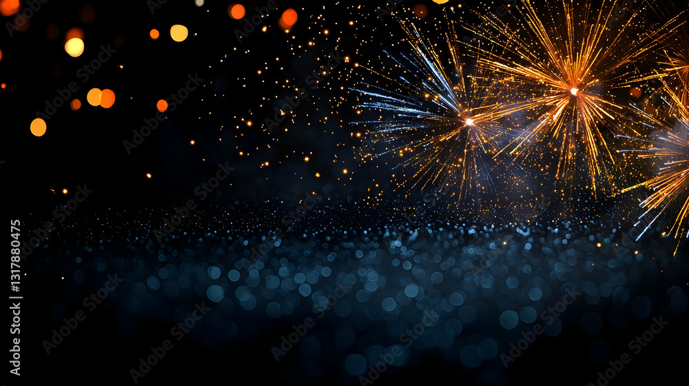 Poster dynamic nighttime display of radiant fireworks exploding with golden and blue hues against a deep bl