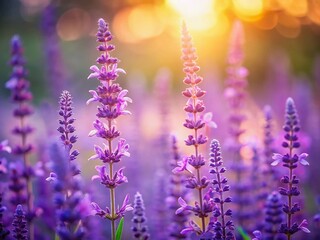 Obraz premium Vibrant Purple Salvia Flowers in Soft Sunlight - Minimalist Impressionistic Stock Photo