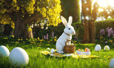 Easter Bunny and Easter Eggs in a Basket outdoor in Garden