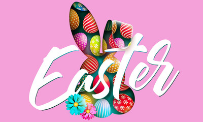 Happy Easter Illustration with Colorful Painted Egg and Rabbit Ears 