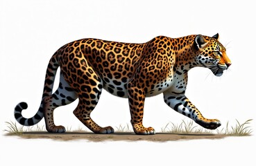 Fototapeta premium Isolated side-view illustration of jaguar stalking prey. Whole body. Black, brown, yellow spotted fur. Panthera onca walks stealthy, powerfully, agile. Dangerous wildcat, majestic rainforest animal