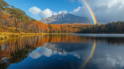 Rainbow reflecting in a calm lake surrounded by mountains and autumn trees at midday