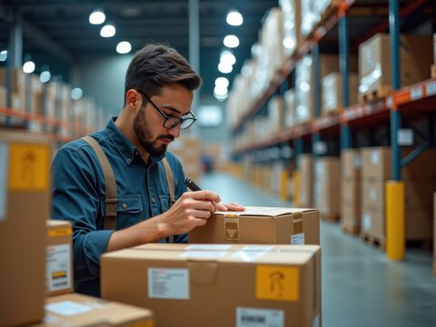 Trabajador diligente inspeccionando etiquetas de env&iacute;o en cajas apiladas meticulosamente
