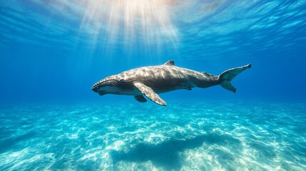 Fototapeta premium Whale swimming ocean sunlit shallows