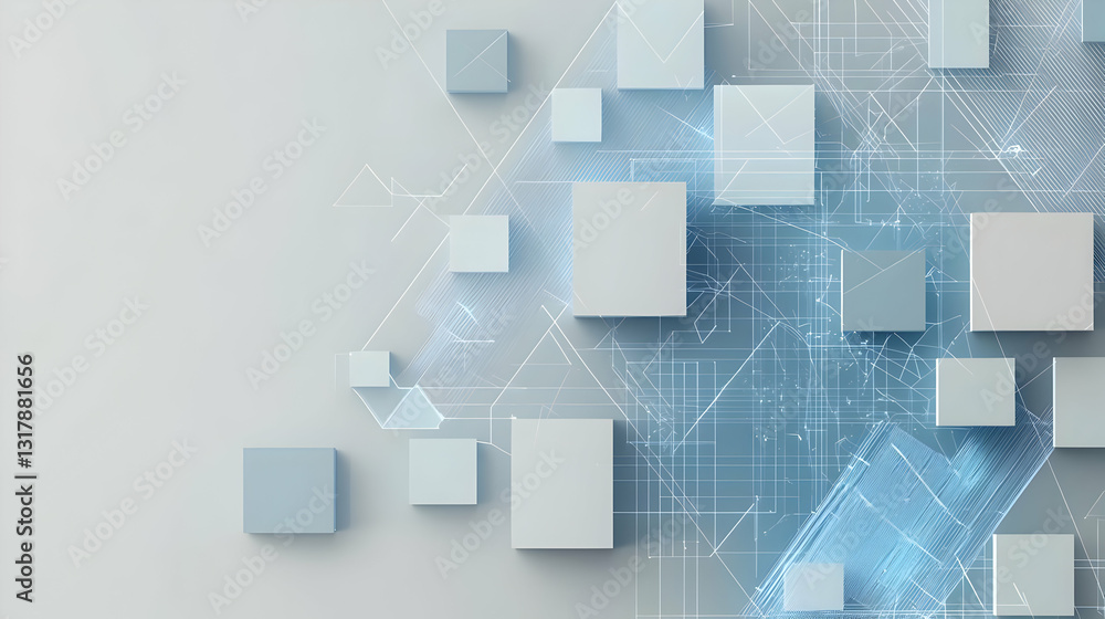 Poster abstract 3d rendering of geometric cubes with futuristic network of lines and blue white gradient li