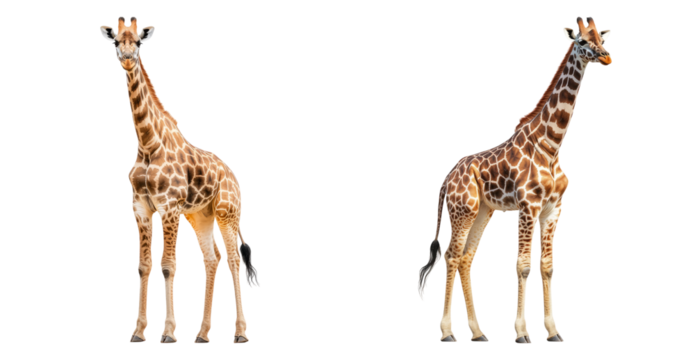 Two Giraffes Standing Tall on a White Background, PNG bundle collection, Isolated on Transparent Background