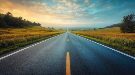 Fototapeta premium Serene rural road stretching through golden fields under a colorful dawn sky