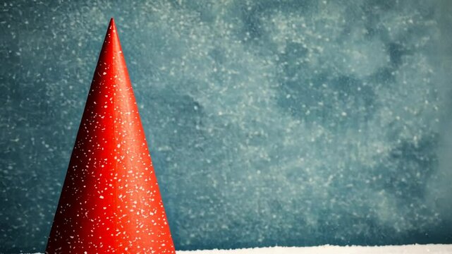 Red snow-covered cone standing on a white surface with falling snow against a blue background during winter season