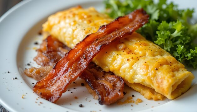 Crispy bacon wrapped omelette on white plate with salad