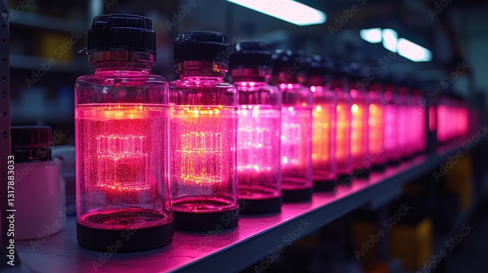 Poster vibrant illuminated bottles arranged on a shelf in a factory setting, showcasing production
