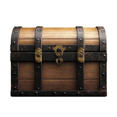 Wooden chest with a gold latch and a black lock on transparent background