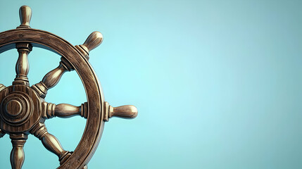 Wooden Nautical Steering Wheel Against Light Blue Background in Pixelated Style