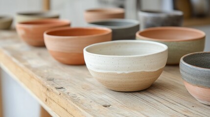 A collection of handmade ceramic bowls in various colors and shapes, arranged on a wooden surface.