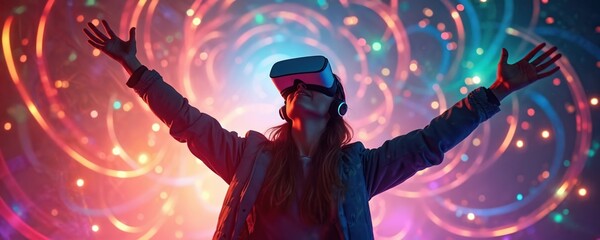 Girl wearing VR headset, arms outstretched in colorful virtual reality world. Interactive digital entertainment, gaming experience. Futuristic technology, innovation. Neon exuberant vivid lights,
