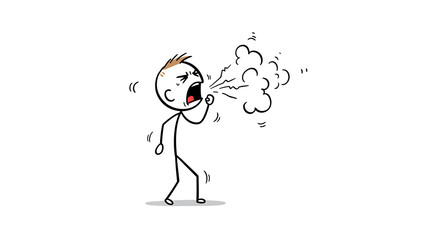 Stick Figure Coughing or Sneezing with Forceful Air and Droplets