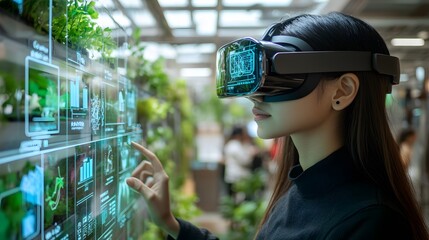 VR Garden: A person wearing a VR headset interacts with a holographic interface overlaid on a lush green environment, exploring the future of technology.