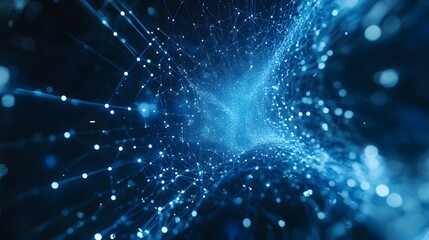 Network Node: An eye-level shot presents a network node with a complex web of interconnected dots and lines against a soothing blue background.