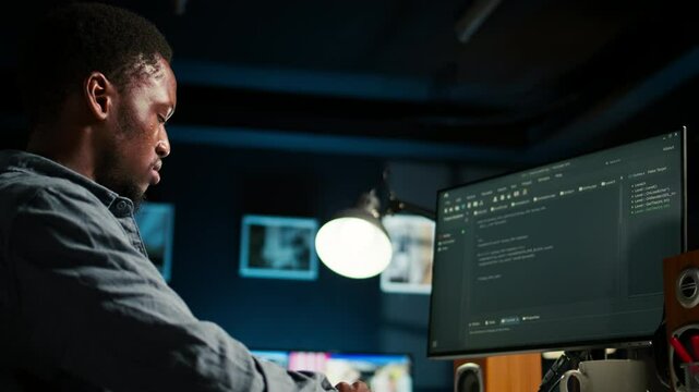 Developer enters binary data on terminal panel while he establishes html code. Software engineer working from home on troubleshooting with programming language, encryption. Camera A.