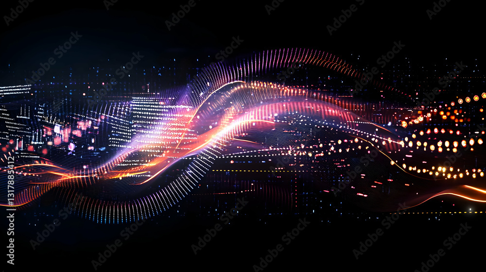 Poster dynamic digital wave of colorful particles flowing across dark background in abstract data visualiza