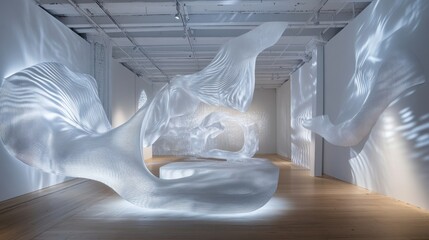 A white sculpture of a bird in flight.