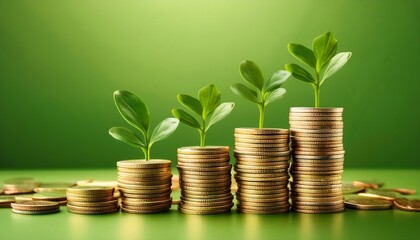 Stacks of coins with green plants symbolize financial growth and investment.