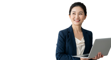 Beautiful Asian businesswoman is holding a laptop and typing on the keyboard isolated on transparent png background

