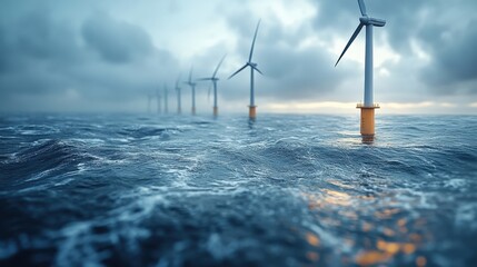 Wind turbines generating renewable energy off the coast at sunset with dramatic clouds