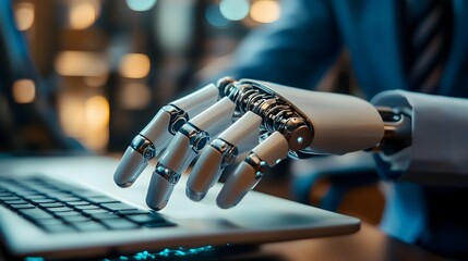 Robotic Hand on Laptop: A close-up captures a robotic hand interacting with a laptop keyboard, highlighting the fusion of technology and automation in a modern workspace.