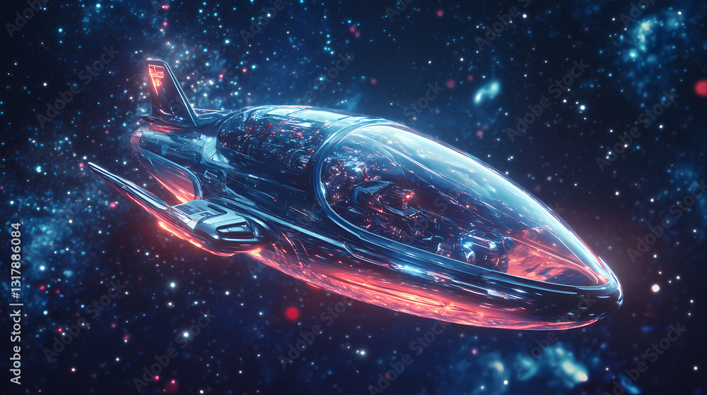 Wall mural futuristic transparent spaceship floating in deep space with starlit reflections. starlit reflection