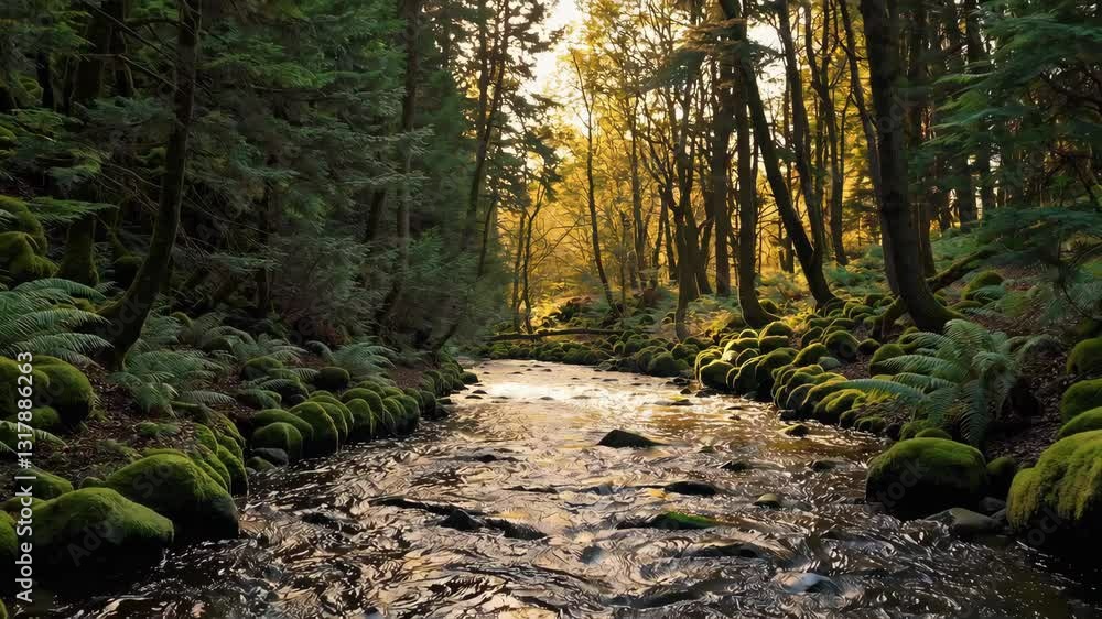 Poster lush green forest with babbling stream and sunlight filtering through trees