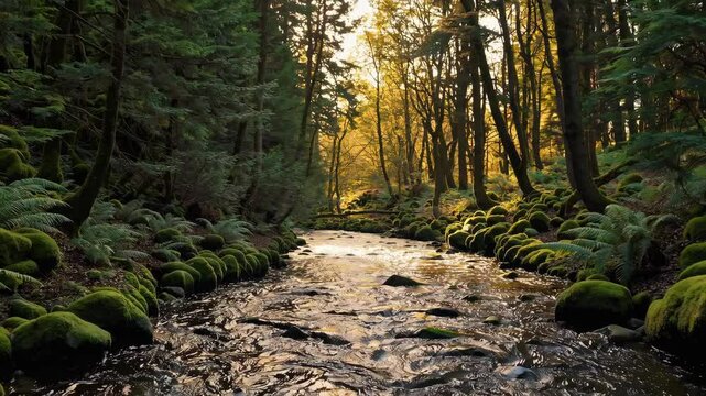 Lush green forest with babbling stream and sunlight filtering through trees