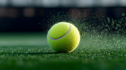 Bright Yellow Tennis Ball On Lush Green Grass Court With Motion Blur Water Splash In Dynamic Action Close-Up