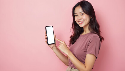 Naklejka premium Smiling young asian woman shows smartphone screen pointing finger. Girl holds mobile phone isolated on pink background. Blank screen smartphone mockup. App promo. Online advertisement concept.