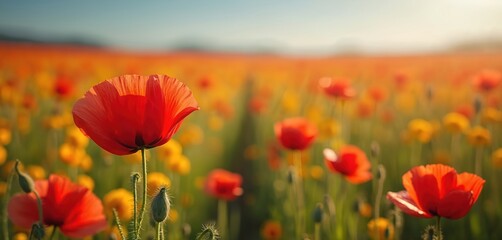 Fototapeta premium Vibrant field with red poppies, yellow flowers, in spring. Blooming meadow landscape with leading lines. Beautiful nature scenery with blurred background, blue sky. Perfect as wallpaper spring themed