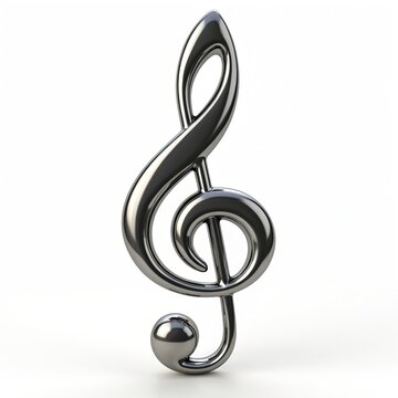 Isolated silver 3D treble key on transparent background as music symbol. Metallic chrome music note pictogram glossy, three-dimensional. Musical sign indicates melody, song, musicality on white