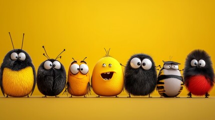 Obraz premium Bright, happy, stylish, cool unpredictable colorful bugs and flies in funny situations.