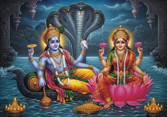 Divine Union of Lord Vishnu and Goddess Lakshmi – Seated on Sheshnag in the Celestial Ocean of Prosperity