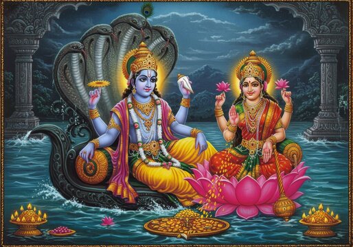 Divine Union of Lord Vishnu and Goddess Lakshmi – Seated on Sheshnag in the Celestial Ocean of Prosperity
