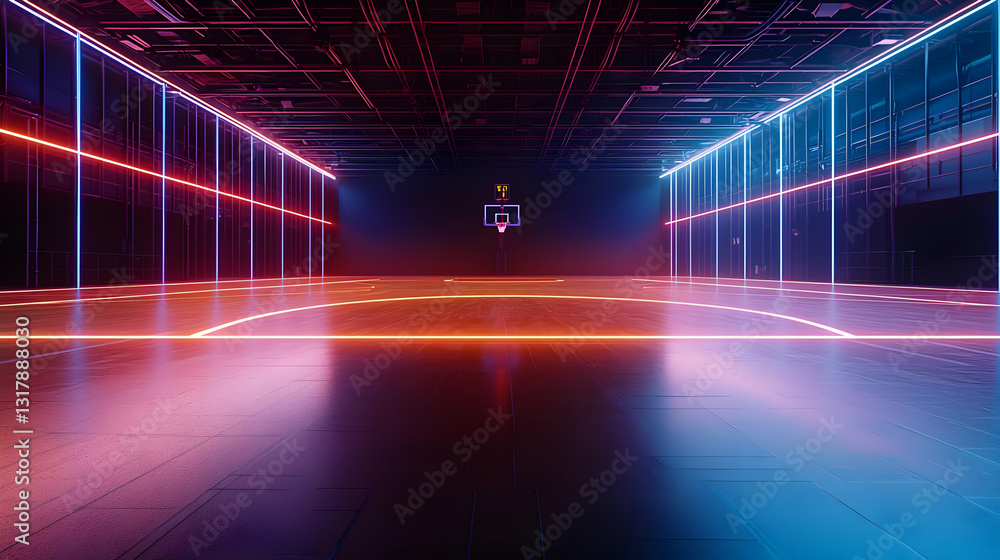 Poster Vibrant Neon Illuminated Futuristic Corridor With Glowing Lines and Grid Pattern Reflecting on a Shiny Floor in a Cyberpunk Setting