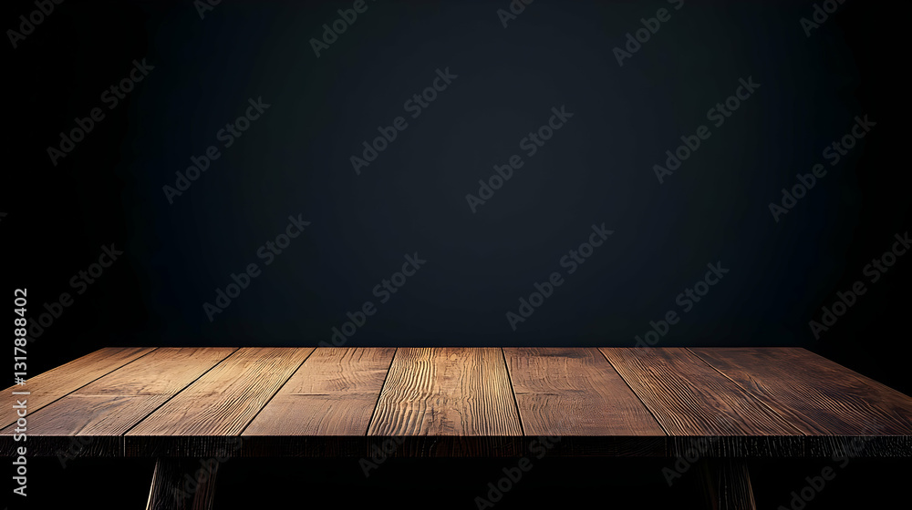 Poster empty rustic brown wooden table top against a dark background for product display with soft lighting